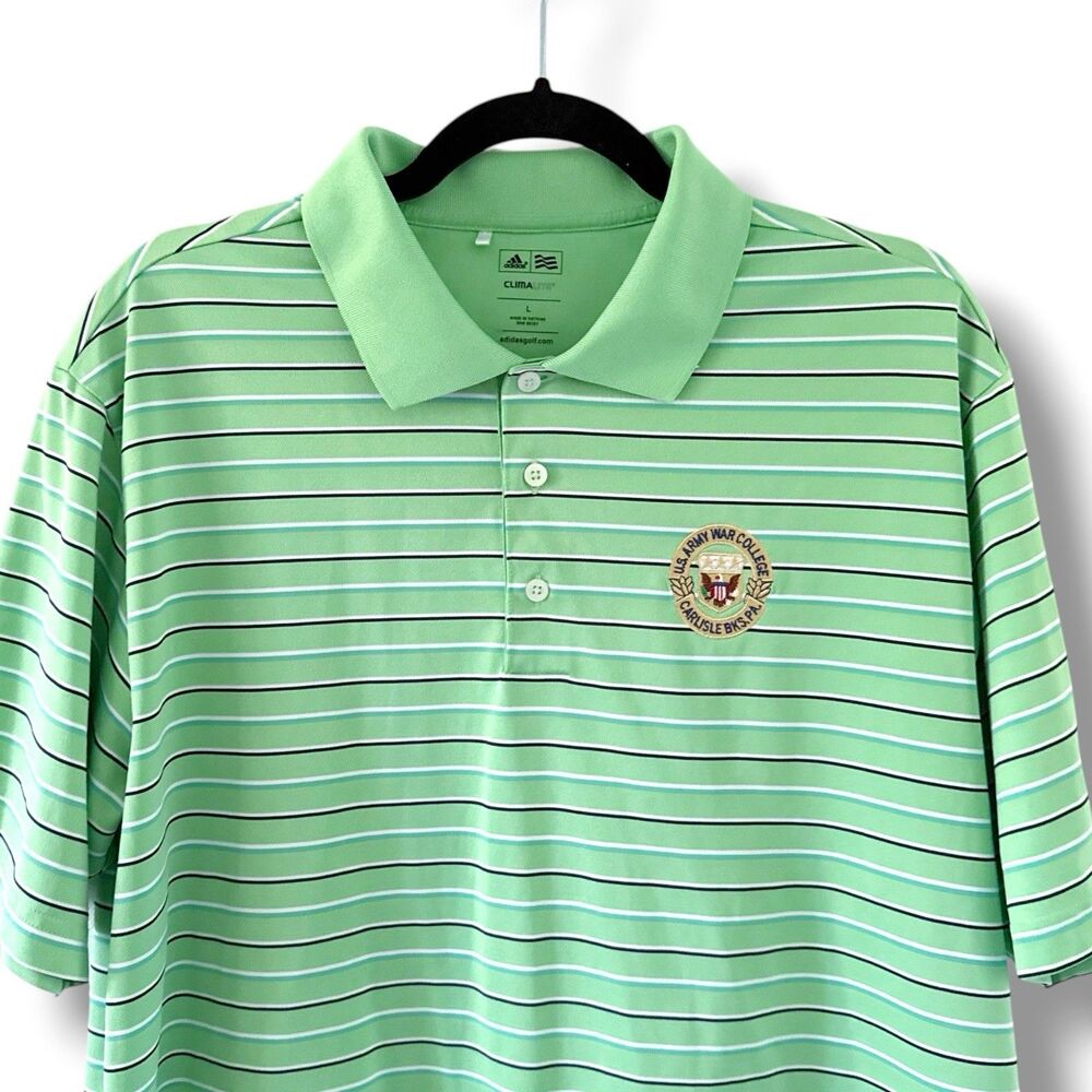 Men's Adidas Golf US Army War College Polo Shirt L Large Green Striped Climalite